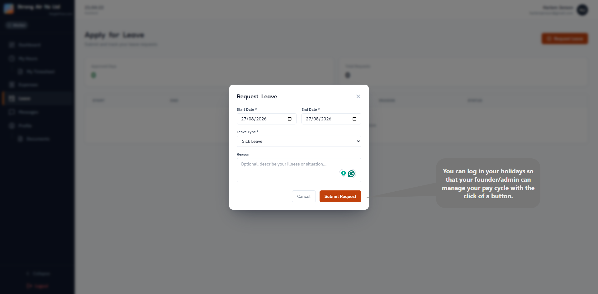 Leave request form with date range picked