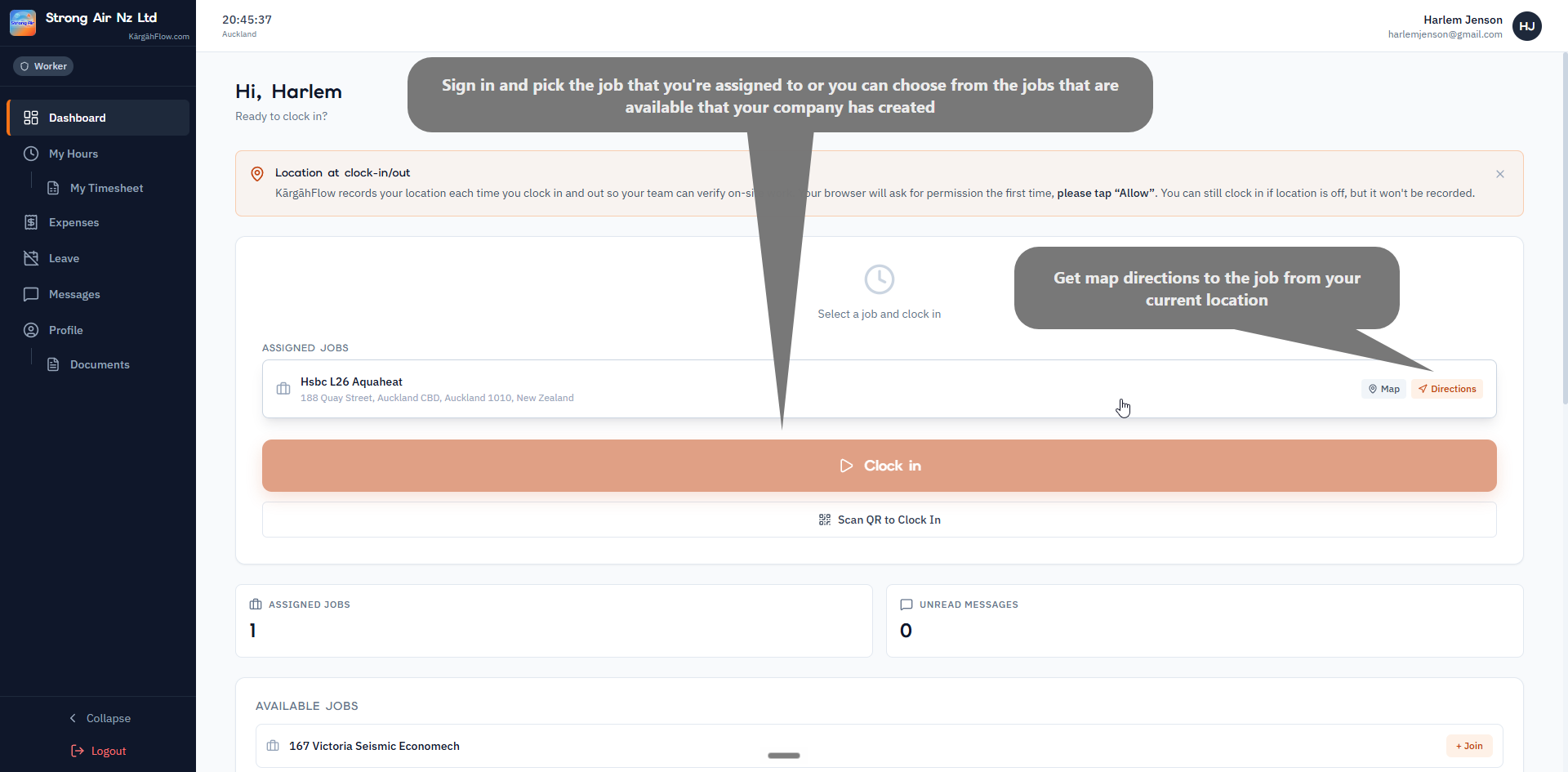 Worker dashboard with assigned jobs and live hours