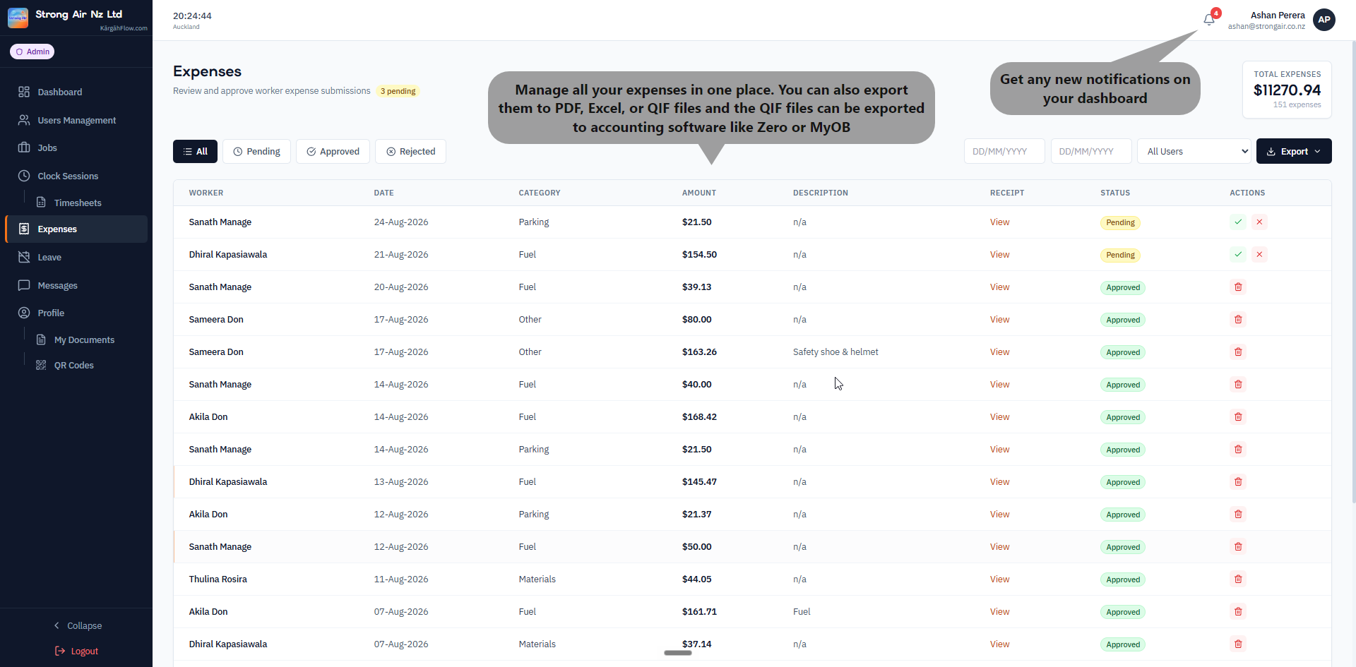 Expenses approval queue with receipt preview