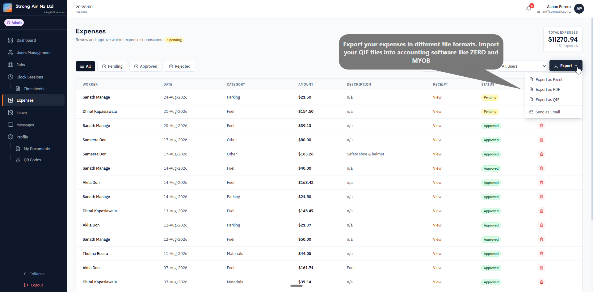 Export dropdown showing CSV and PDF options