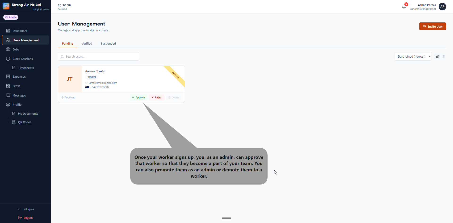 Dashboard with pending approvals card
