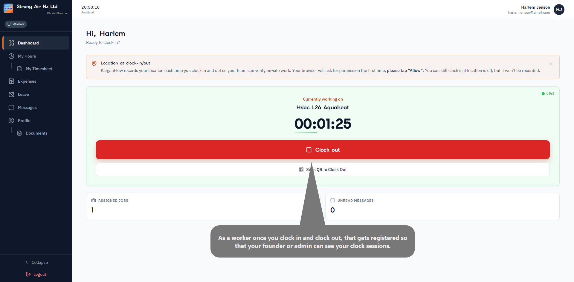 Job card with Clock In button and running timer