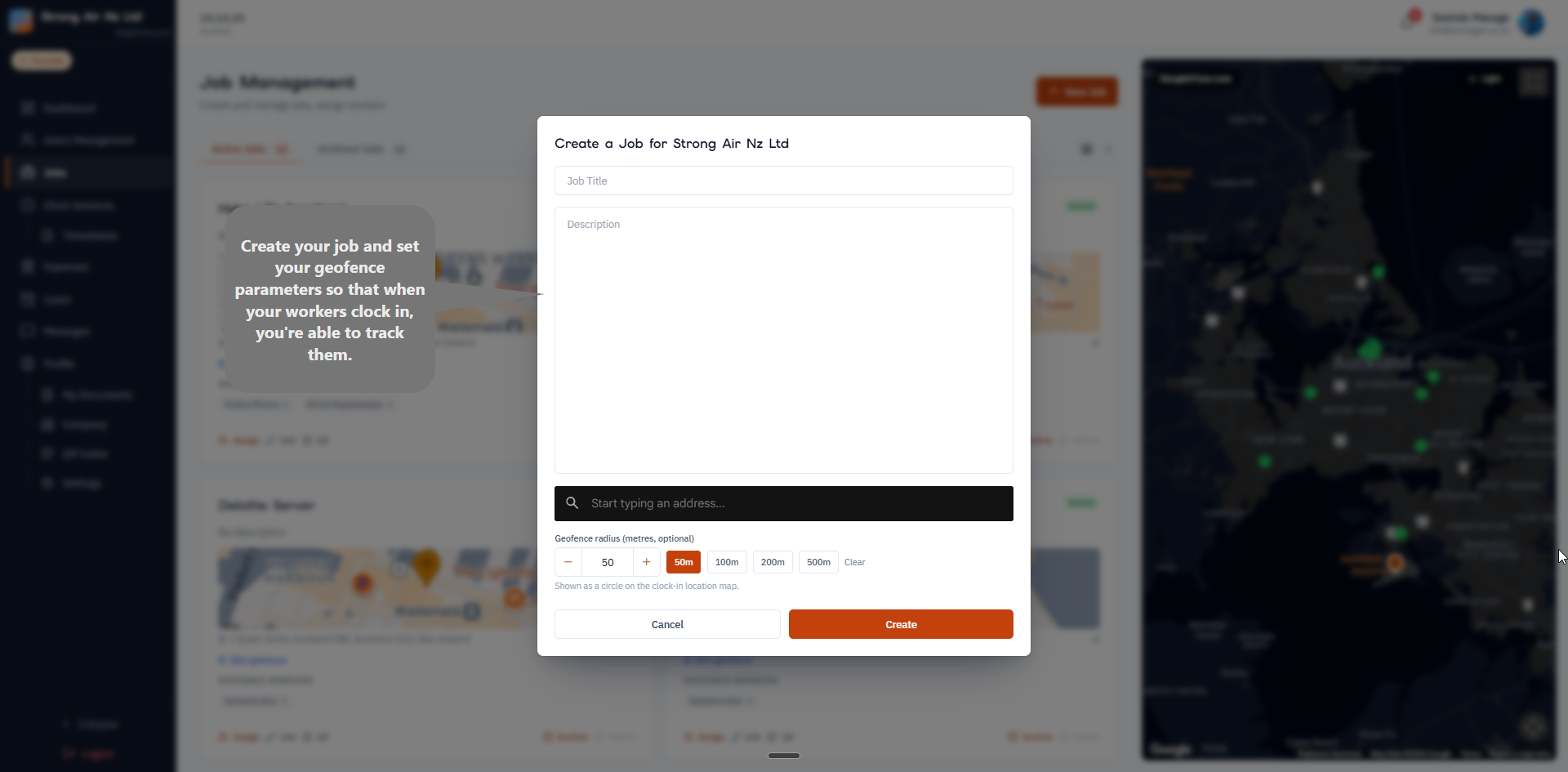 Job creation modal with map preview