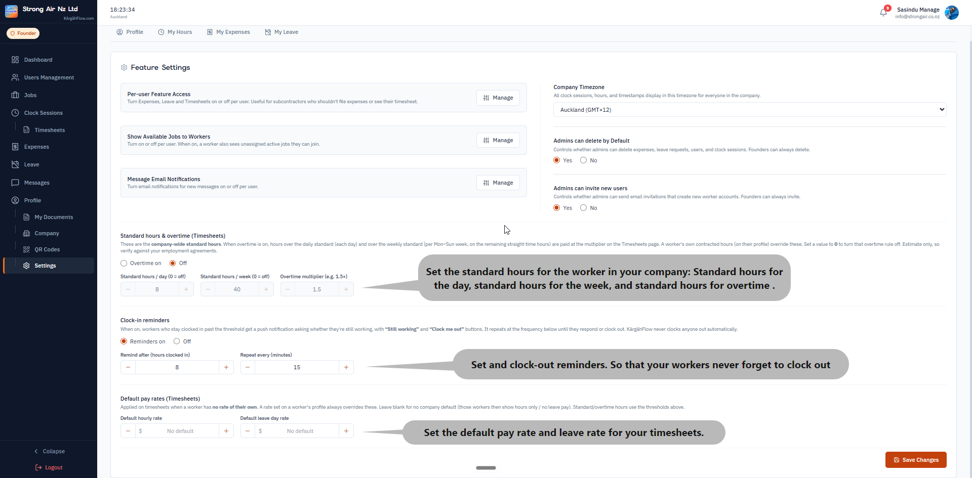 Company settings page with feature toggles