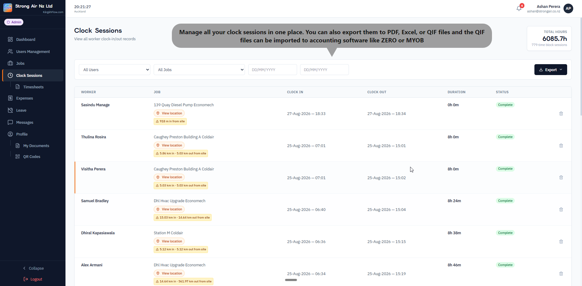 Clock sessions log with live timers and chart